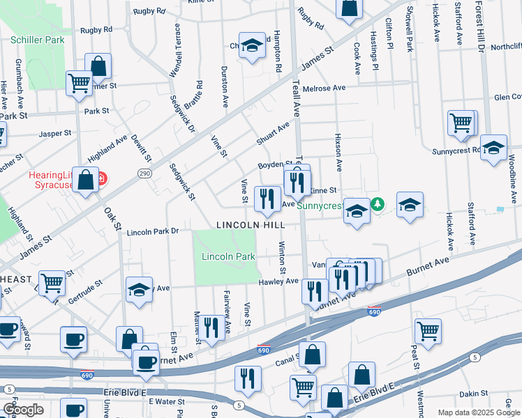 map of restaurants, bars, coffee shops, grocery stores, and more near 629 Winton Street in Syracuse