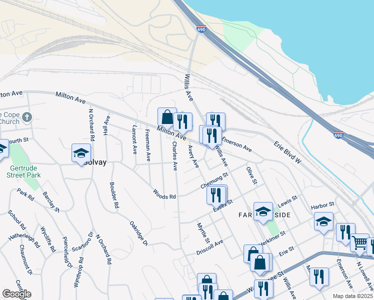 map of restaurants, bars, coffee shops, grocery stores, and more near 113 Charles Avenue in Syracuse