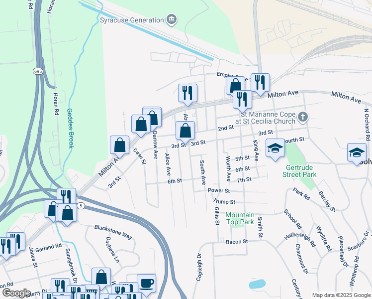 map of restaurants, bars, coffee shops, grocery stores, and more near 801 3rd Street in Syracuse