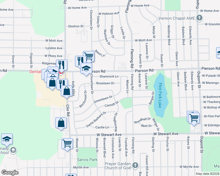 map of restaurants, bars, coffee shops, grocery stores, and more near 1810 Cherrylawn Drive in Flint