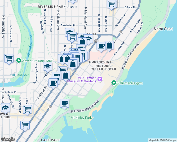 map of restaurants, bars, coffee shops, grocery stores, and more near 2245 North Lake Drive in Milwaukee