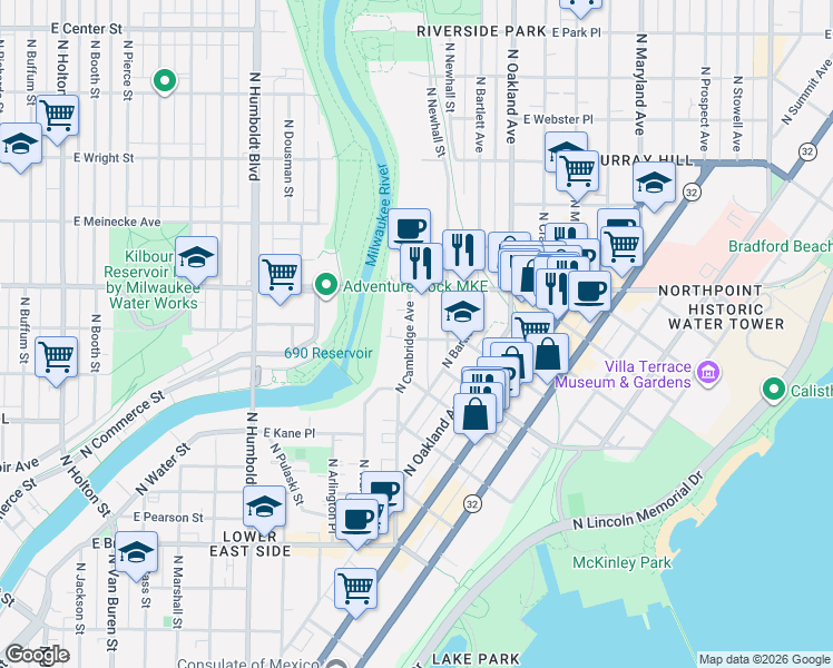 map of restaurants, bars, coffee shops, grocery stores, and more near 1528-1530 East Windsor Place in Milwaukee