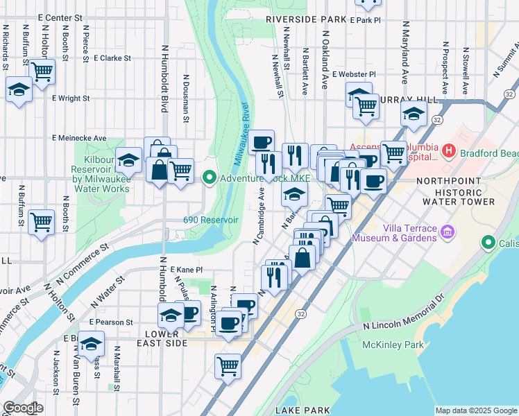 map of restaurants, bars, coffee shops, grocery stores, and more near 2121 North Cambridge Avenue in Milwaukee