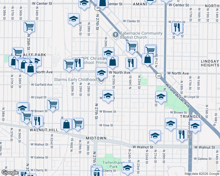 map of restaurants, bars, coffee shops, grocery stores, and more near 2481 West Garfield Avenue in Milwaukee