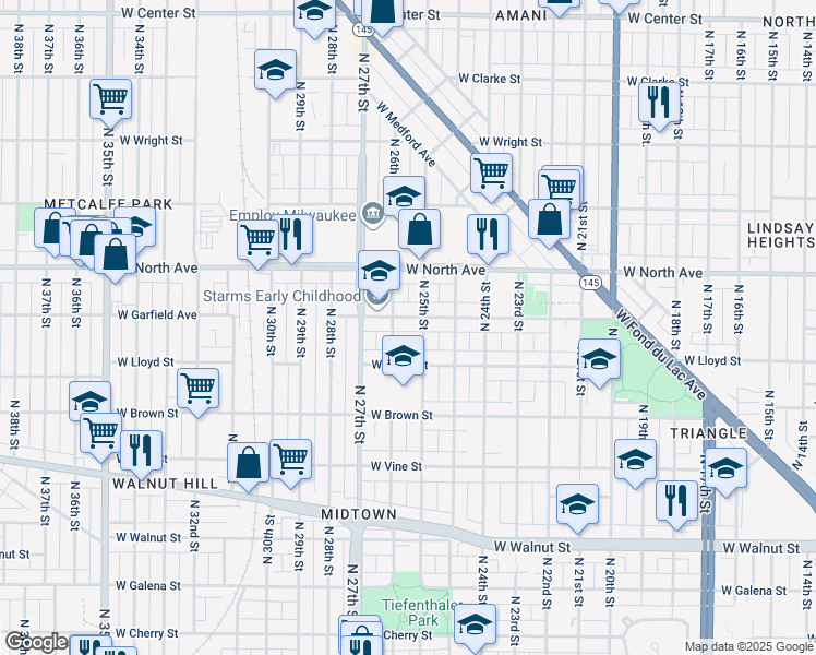 map of restaurants, bars, coffee shops, grocery stores, and more near 2481 West Garfield Avenue in Milwaukee