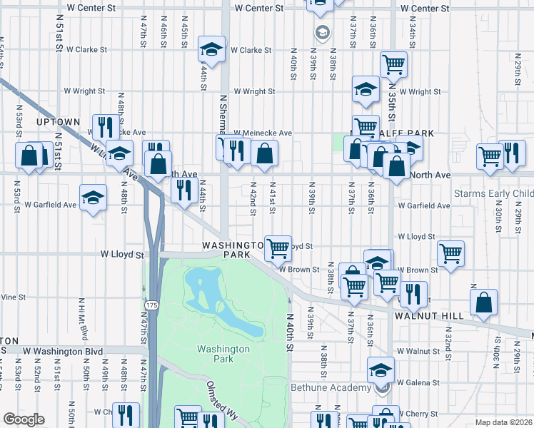 map of restaurants, bars, coffee shops, grocery stores, and more near 2168 North 41st Street in Milwaukee