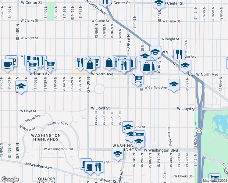 map of restaurants, bars, coffee shops, grocery stores, and more near 2188a North 57th Street in Milwaukee