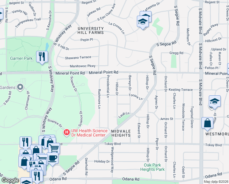 map of restaurants, bars, coffee shops, grocery stores, and more near 439 Hilton Drive in Madison