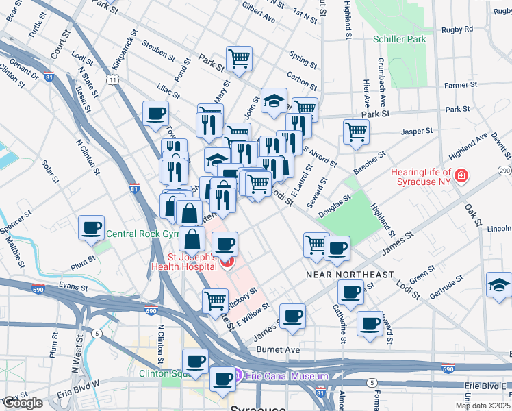 map of restaurants, bars, coffee shops, grocery stores, and more near 500-24 Butternut Street in Syracuse