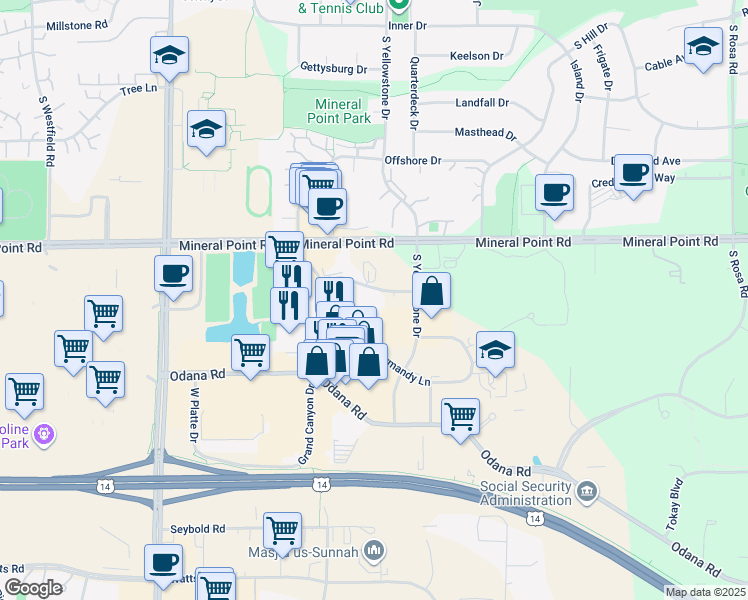 map of restaurants, bars, coffee shops, grocery stores, and more near 6515 Grand Teton Plaza in Madison