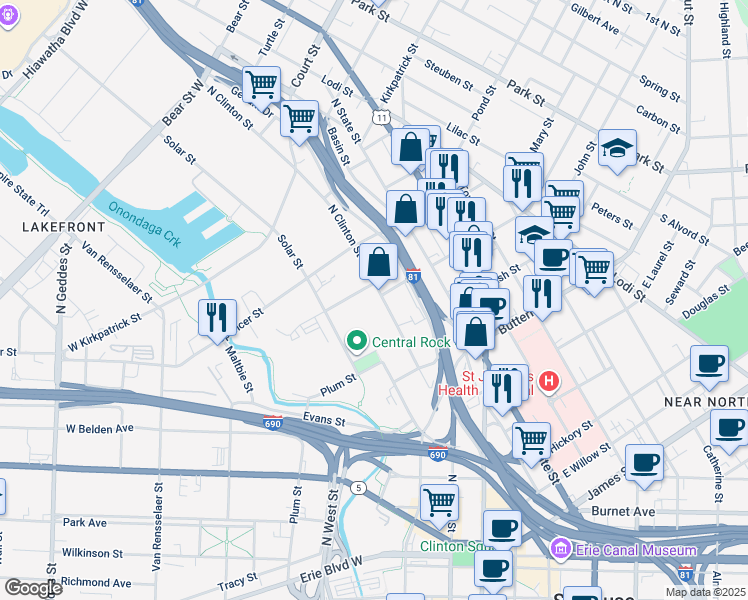 map of restaurants, bars, coffee shops, grocery stores, and more near 689 North Clinton Street in Syracuse