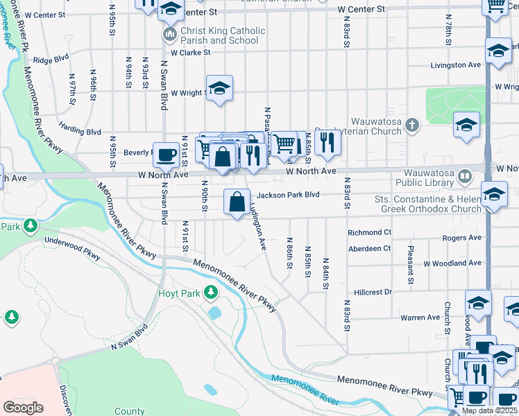 map of restaurants, bars, coffee shops, grocery stores, and more near 2218 Ludington Avenue in Wauwatosa