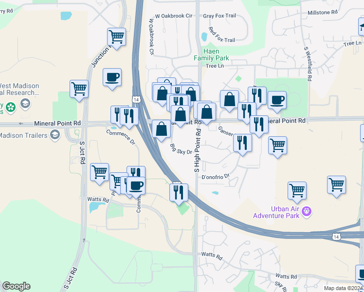 map of restaurants, bars, coffee shops, grocery stores, and more near 7818 Big Sky Drive in Madison