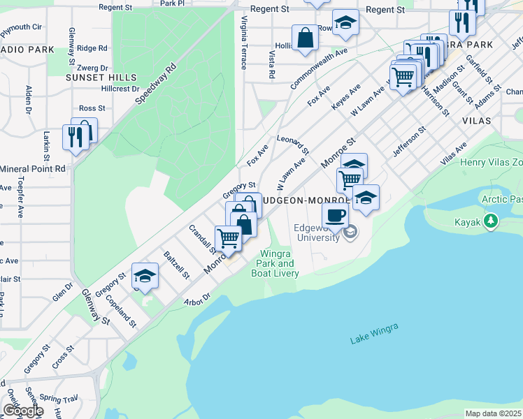 map of restaurants, bars, coffee shops, grocery stores, and more near 2553 Commonwealth Avenue in Madison