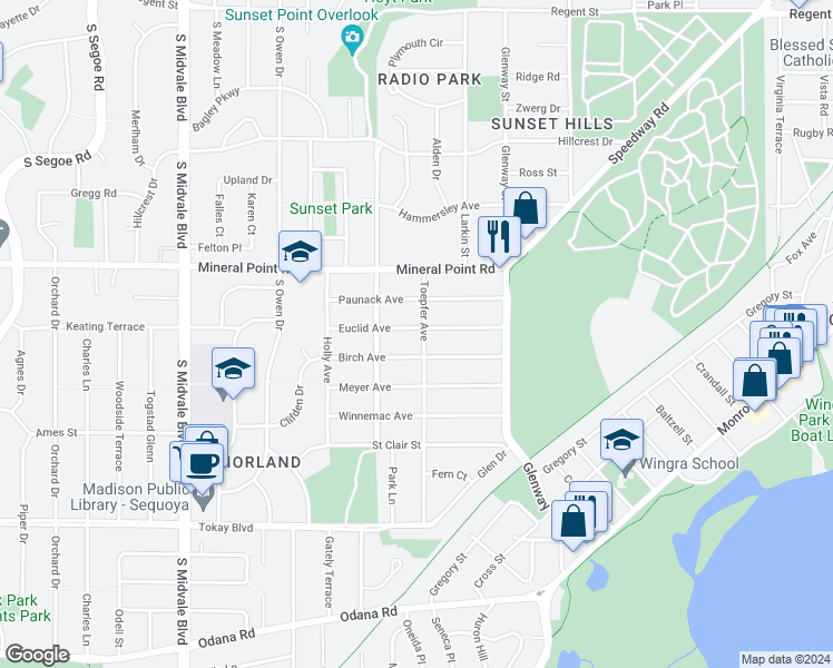 map of restaurants, bars, coffee shops, grocery stores, and more near 434 Toepfer Avenue in Madison