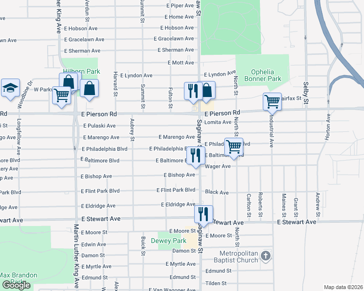 map of restaurants, bars, coffee shops, grocery stores, and more near 649 East Philadelphia Boulevard in Flint