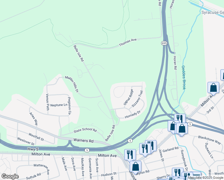 map of restaurants, bars, coffee shops, grocery stores, and more near 159 Lookout Circle in Syracuse