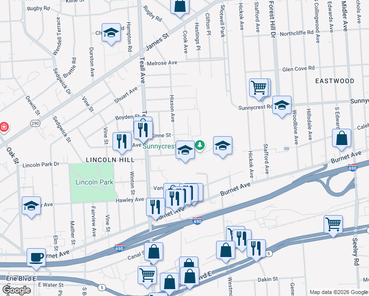 map of restaurants, bars, coffee shops, grocery stores, and more near 105 Saint Anne Drive in Syracuse