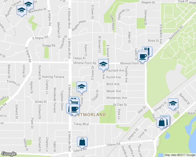 map of restaurants, bars, coffee shops, grocery stores, and more near 4 Birch Cir in Madison
