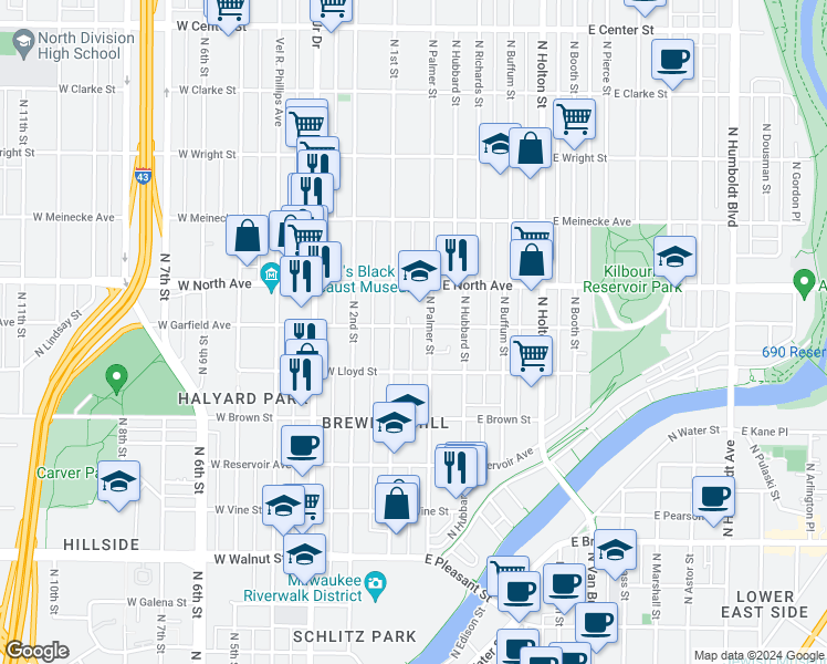 map of restaurants, bars, coffee shops, grocery stores, and more near 123 East Garfield Avenue in Milwaukee