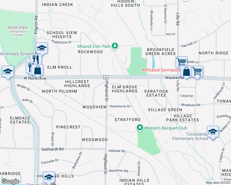 map of restaurants, bars, coffee shops, grocery stores, and more near 2095 Elm Tree Court in Elm Grove