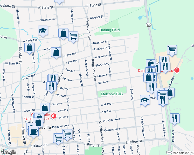 map of restaurants, bars, coffee shops, grocery stores, and more near 126 Kingsboro Avenue in Gloversville