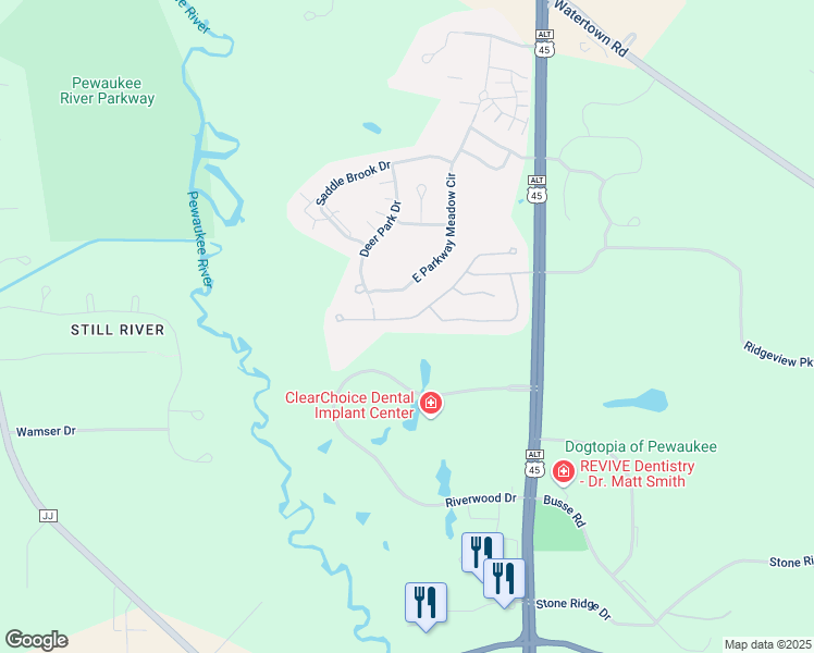 map of restaurants, bars, coffee shops, grocery stores, and more near N21W24281 Cumberland Drive in Pewaukee