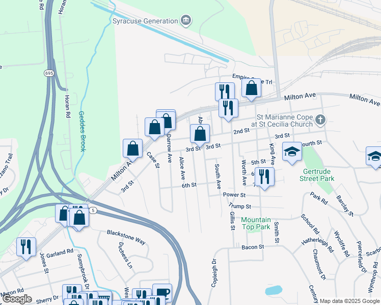 map of restaurants, bars, coffee shops, grocery stores, and more near 801 3rd Street in Syracuse