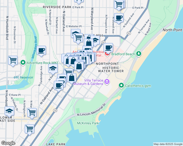 map of restaurants, bars, coffee shops, grocery stores, and more near N Summit Ave & E Ivanhoe Pl in Milwaukee