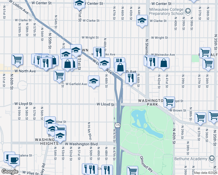 map of restaurants, bars, coffee shops, grocery stores, and more near 2184 North 48th Street in Milwaukee