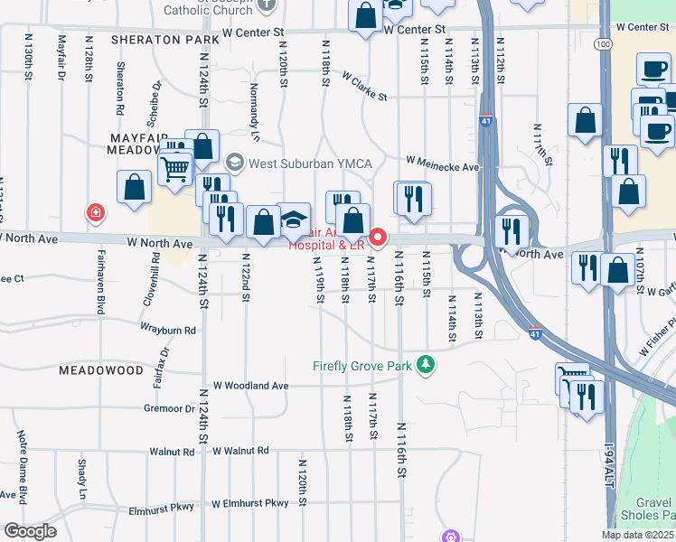 map of restaurants, bars, coffee shops, grocery stores, and more near 2229 North 118th Street in Wauwatosa