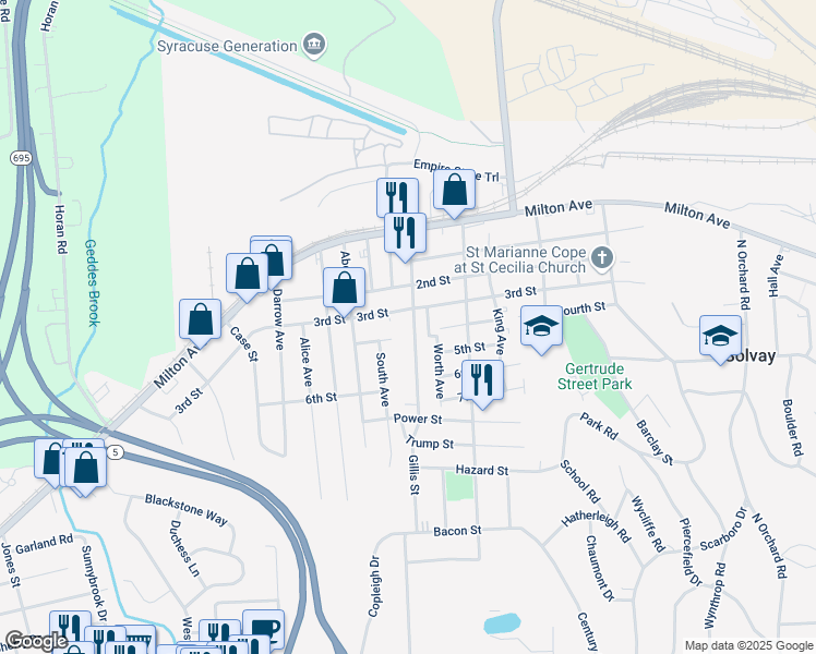 map of restaurants, bars, coffee shops, grocery stores, and more near 406 Center Street in Solvay