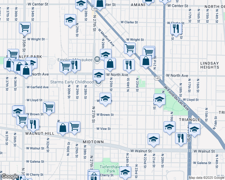 map of restaurants, bars, coffee shops, grocery stores, and more near 2481 West Garfield Avenue in Milwaukee