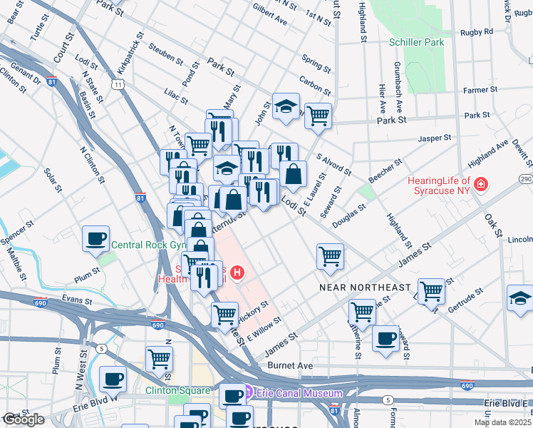 map of restaurants, bars, coffee shops, grocery stores, and more near 500-24 Butternut Street in Syracuse