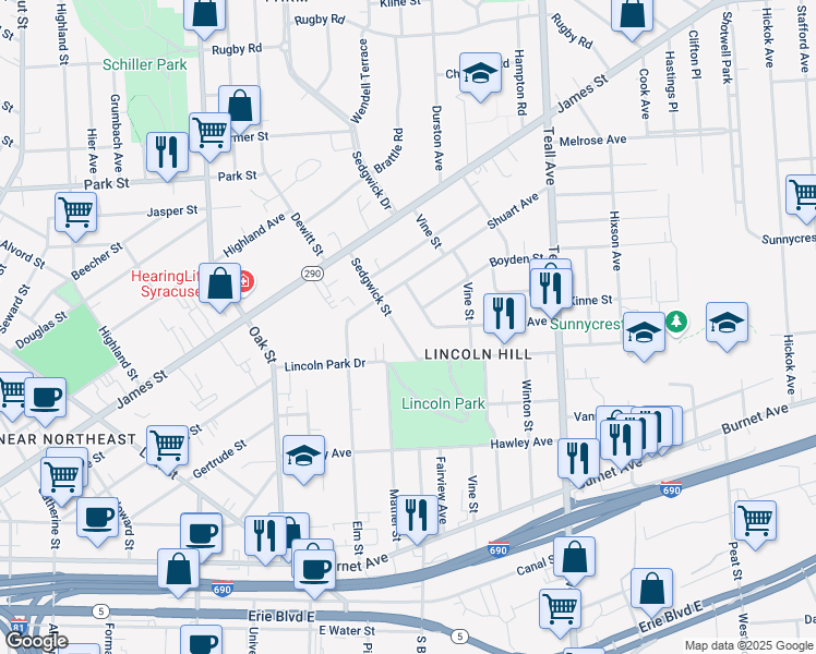 map of restaurants, bars, coffee shops, grocery stores, and more near 219 Sedgwick St in Syracuse
