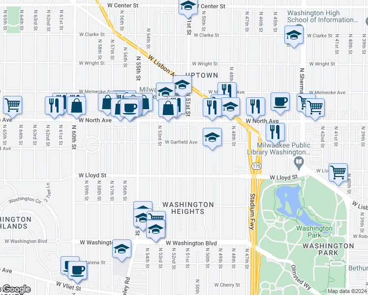 map of restaurants, bars, coffee shops, grocery stores, and more near 2183 North 51st Street in Milwaukee