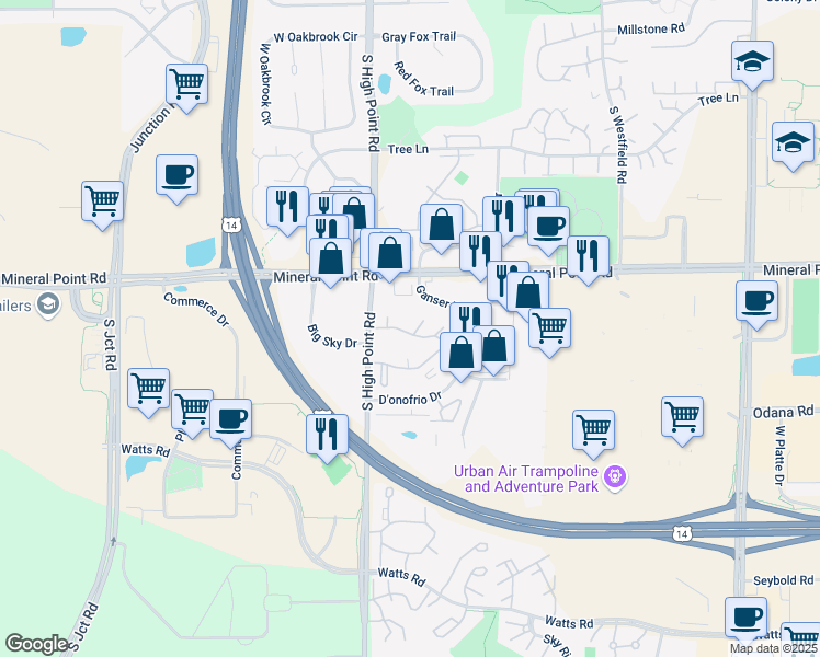 map of restaurants, bars, coffee shops, grocery stores, and more near 7766 Radcliffe Drive in Madison