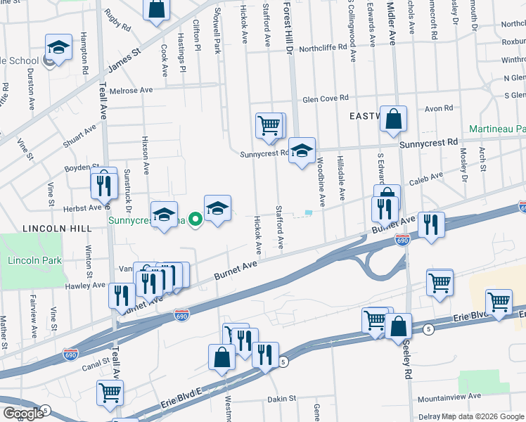 map of restaurants, bars, coffee shops, grocery stores, and more near 201 Caleb Avenue in Syracuse