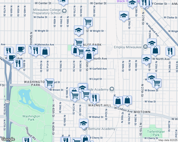 map of restaurants, bars, coffee shops, grocery stores, and more near 2166 North 35th Street in Milwaukee