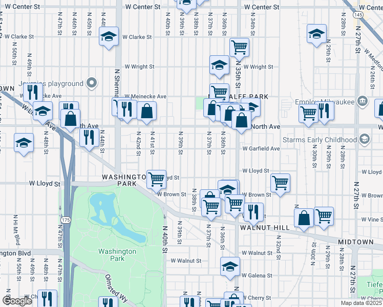 map of restaurants, bars, coffee shops, grocery stores, and more near 2167 North 38th Street in Milwaukee