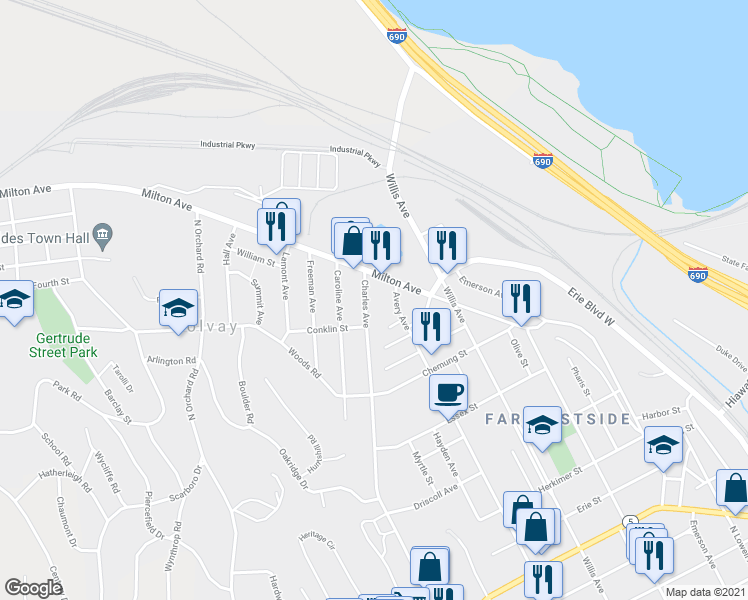 map of restaurants, bars, coffee shops, grocery stores, and more near 113 Charles Avenue in Syracuse