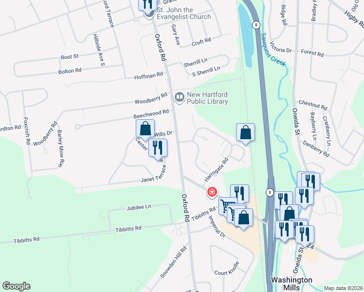 map of restaurants, bars, coffee shops, grocery stores, and more near 6 Gateshead Road in New Hartford