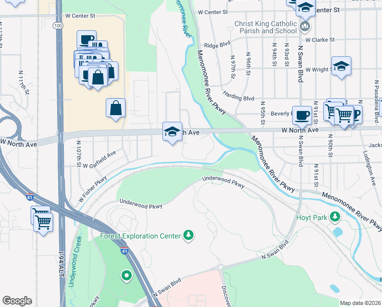 map of restaurants, bars, coffee shops, grocery stores, and more near 9997 West North Avenue in Wauwatosa