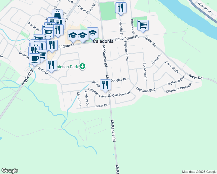 map of restaurants, bars, coffee shops, grocery stores, and more near McKenzie Road in Caledonia