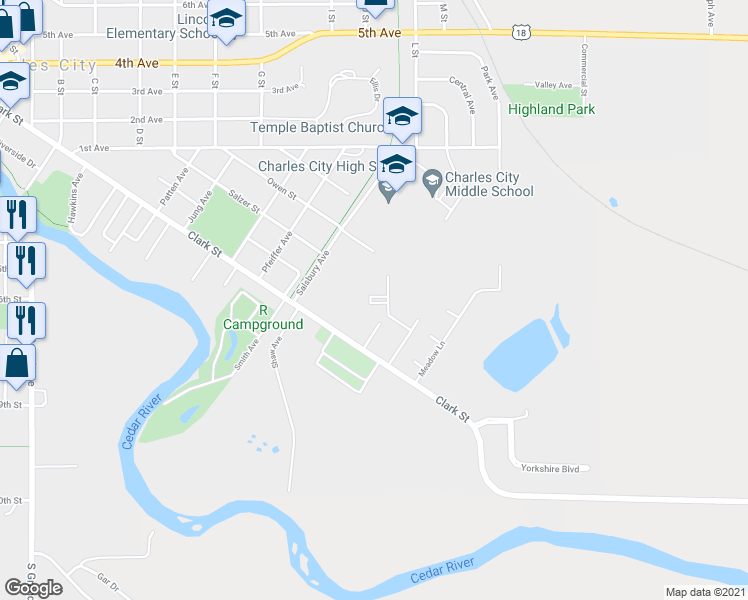 map of restaurants, bars, coffee shops, grocery stores, and more near 2104 Clarkview Drive in Charles City