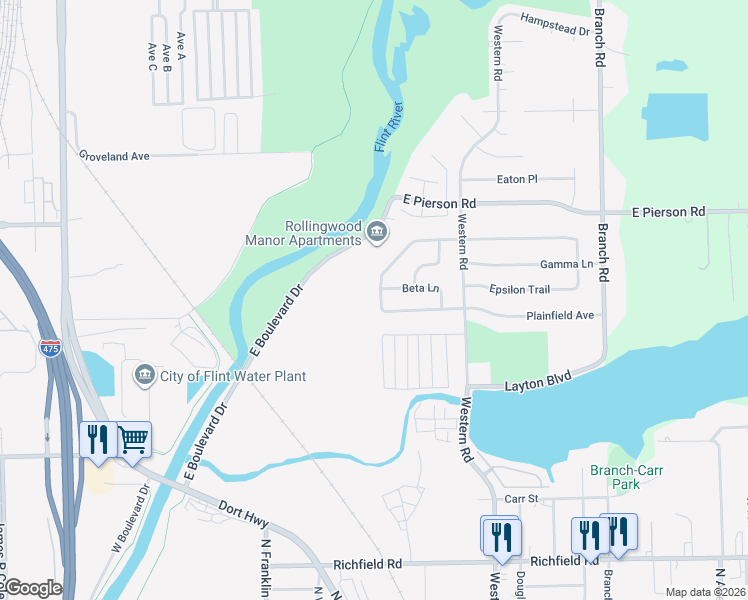 map of restaurants, bars, coffee shops, grocery stores, and more near 4811 Alpha Way in Flint