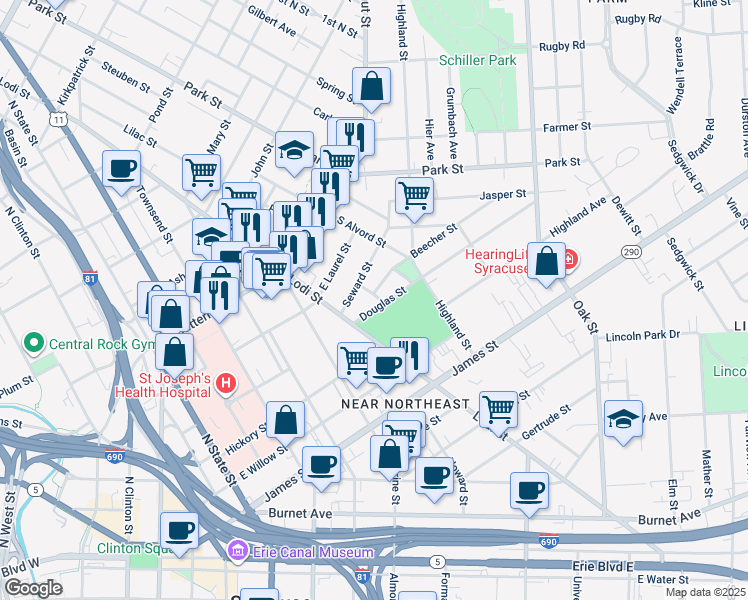 map of restaurants, bars, coffee shops, grocery stores, and more near 121 Douglas Street in Syracuse