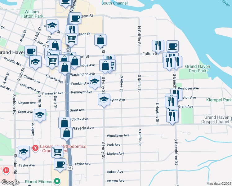 map of restaurants, bars, coffee shops, grocery stores, and more near 1140 Pennoyer Avenue in Grand Haven