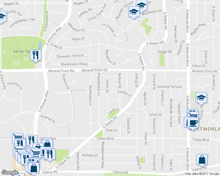 map of restaurants, bars, coffee shops, grocery stores, and more near 439 Hilton Drive in Madison