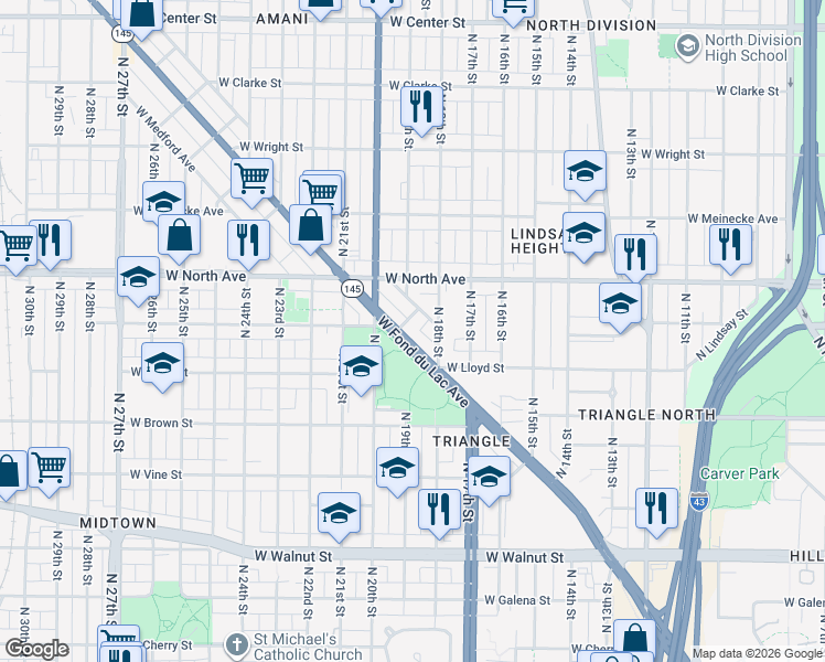 map of restaurants, bars, coffee shops, grocery stores, and more near 2222 North 19th Street in Milwaukee